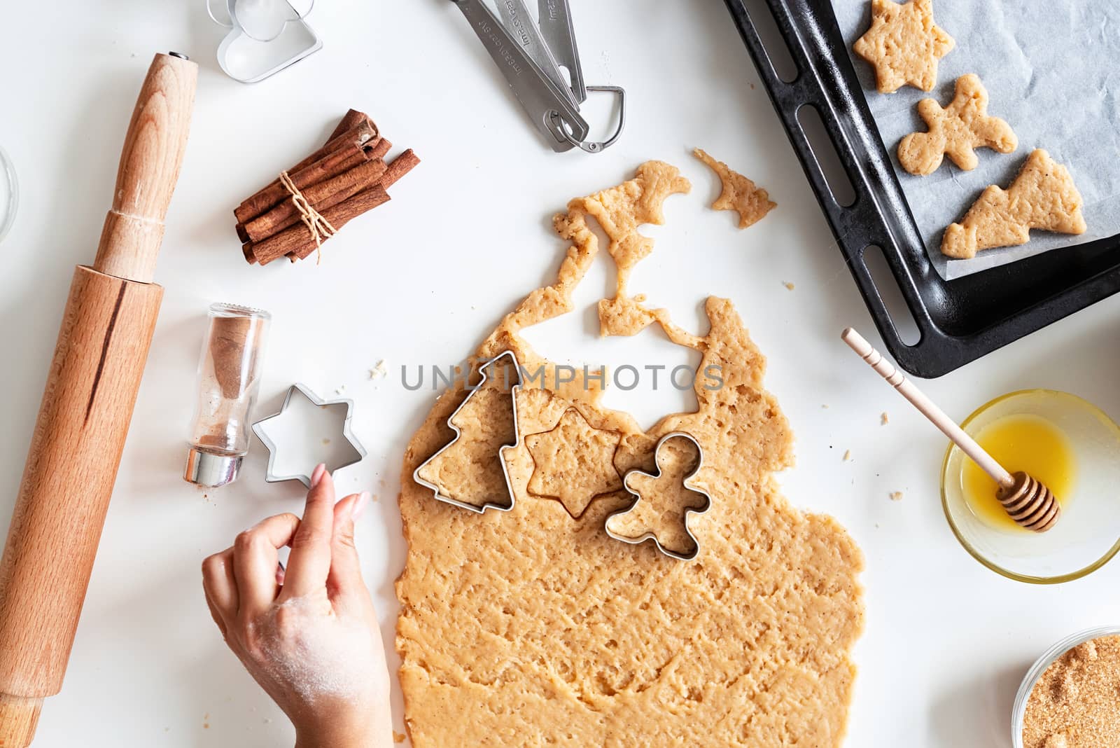 Cooking and baking. woman hands baking cookies at the kitchen, flat lay