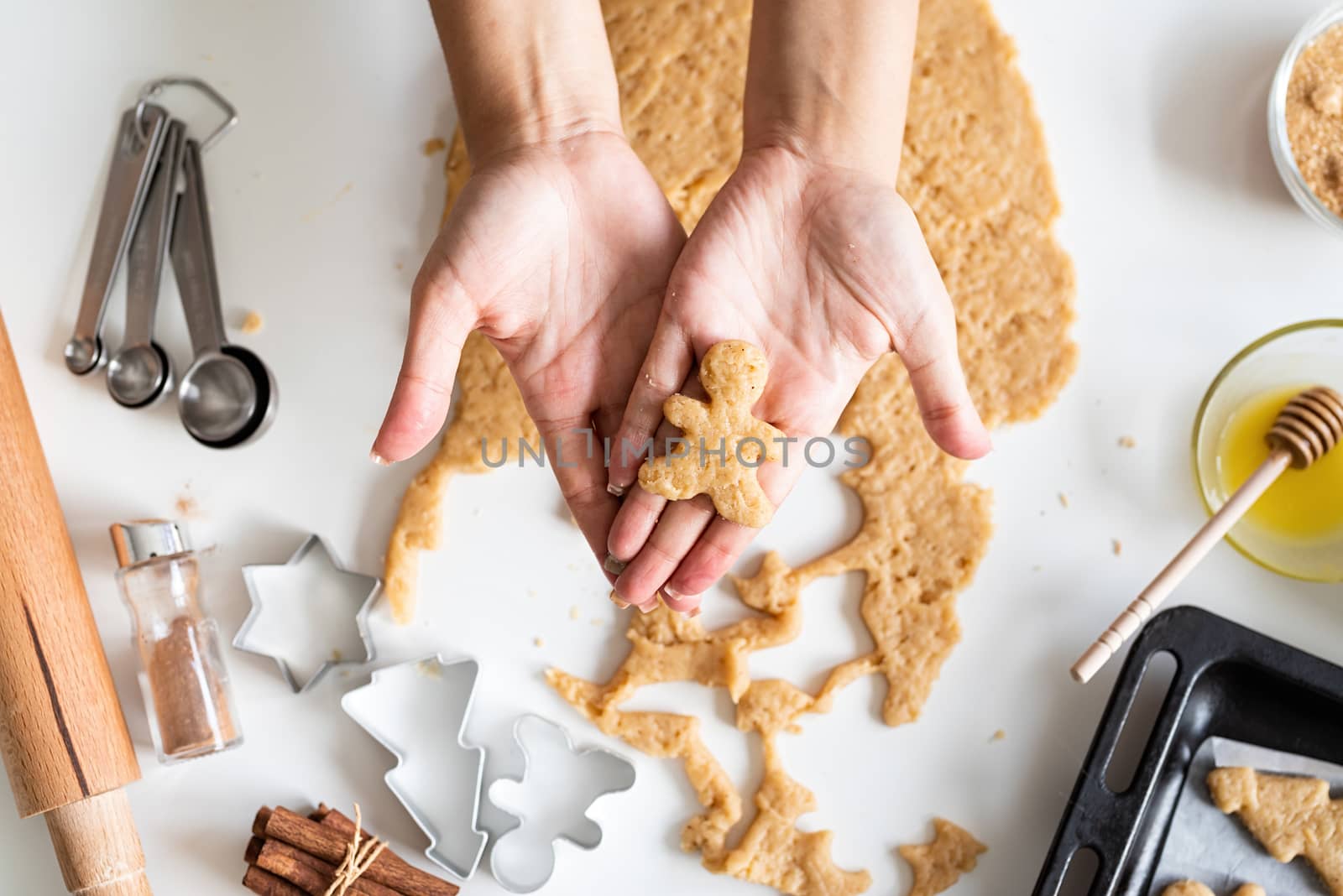 Cooking and baking. woman hands baking cookies at the kitchen, flat lay