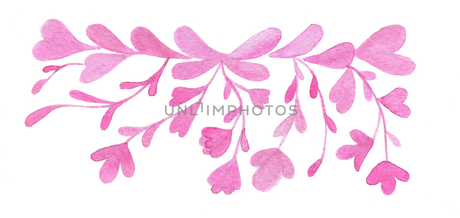 Hand-drawn watercolor flowers and leaves boarder isolated on white background. Wedding or Valentine's template.