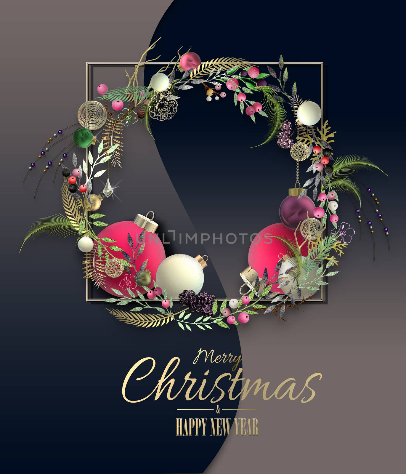Luxury Christmas holiday design with 3D Xmas symbol floral wreath, realistic Xmas balls baubles, on curve blue background. Golden text Merry Christmas Happy New Year. 3D illustration, holiday card