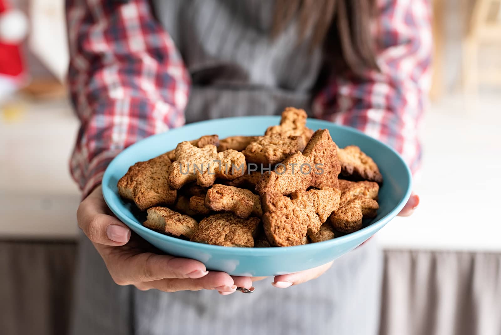 Cooking and baking. Woman hands holding a plate with home baked cookies in the kitchen