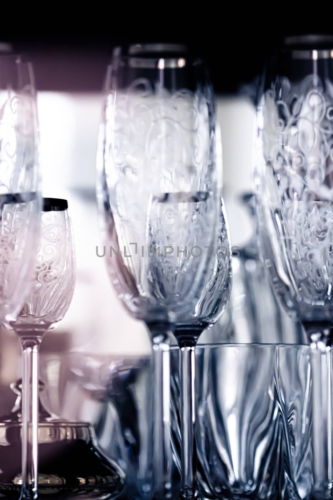 Crystal glasses as luxury table glassware and bohemian glass design, home decor and event decorations