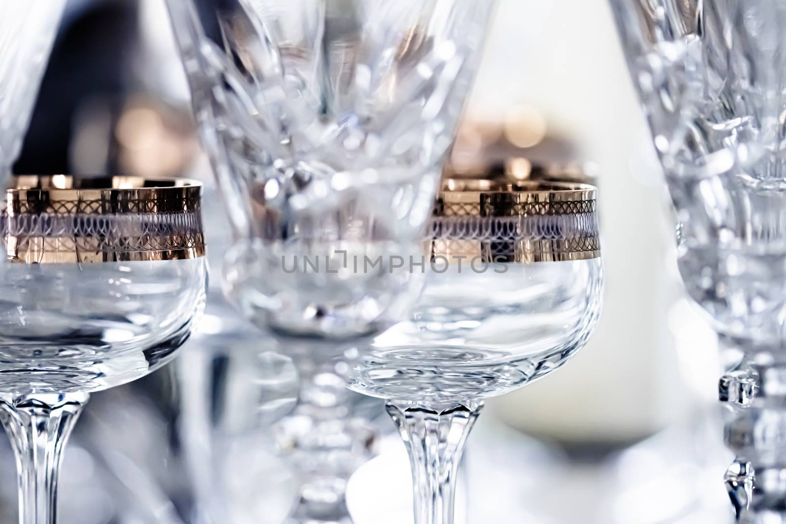 Crystal glasses as luxury table glassware and bohemian glass design, home decor and event decorations