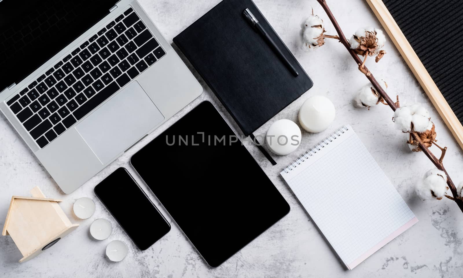 Modern office desktop with mobile devices and notebooks top view flat lay, knolling