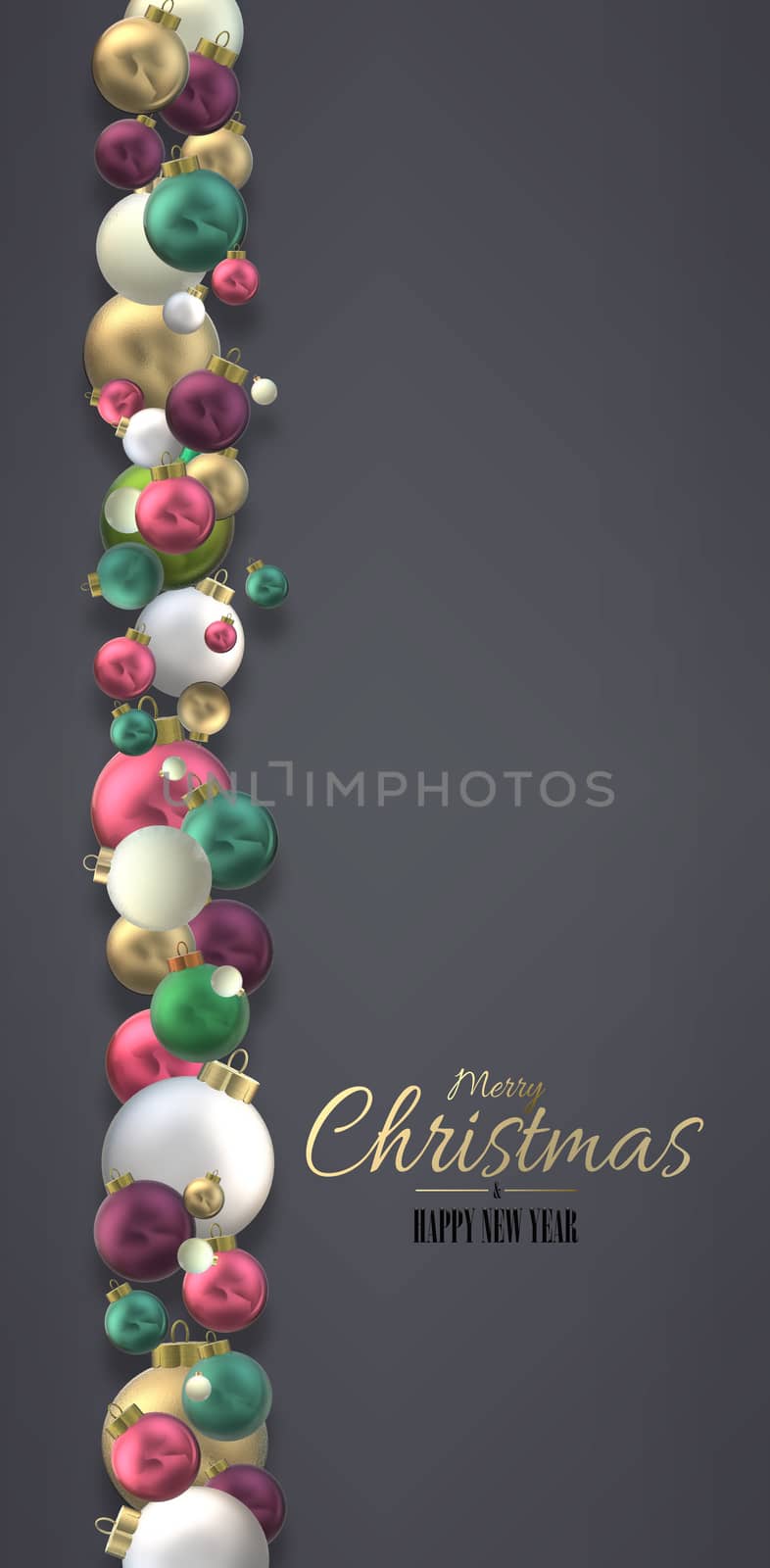 Christmas festive border with realistic 3D balls baubles on dark grey background. Flat lay 3D render design for header, web. Gold text Merry Christmas Happy New Year