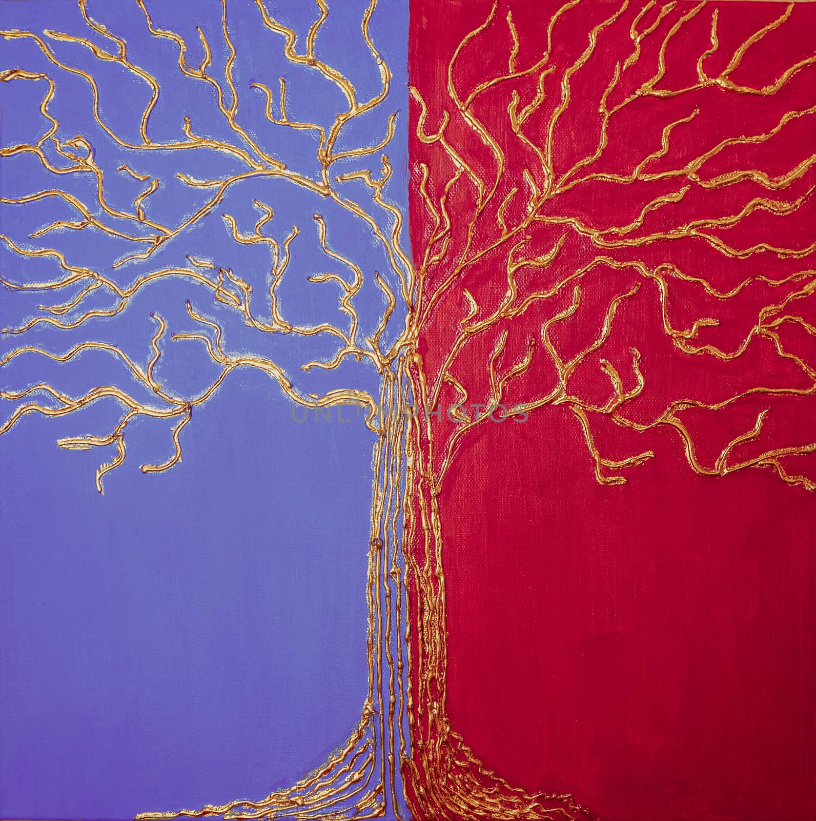 silhouette of golden tree on blue and red background. Painting of a beautiful abstract painting with golden foil and acrylic paint. Concept of wealth. real art