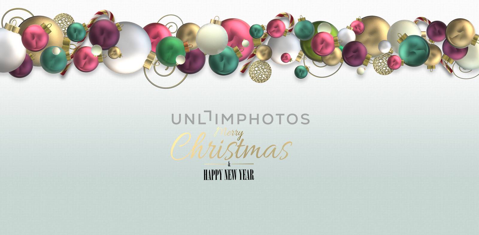 Christmas holiday border on white with 3D realistic balls, baubles, Xmas symbols. Festive Christmas New Year design for header, web, invitation. Place for text. Horizontal 3D illustration on white