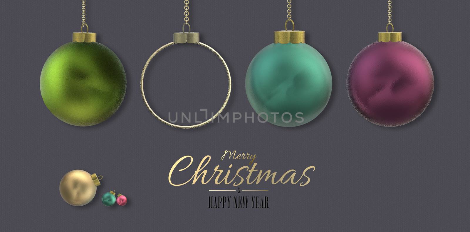 Christmas banner with 3D realistic Xmas balls on dark pastel background. Golden text Merry Christmas Happy New Year. 3D illustration. Horizontal holiday design