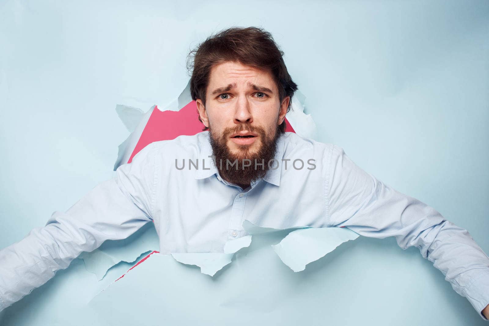 Bearded man in shirt Manager career work emotions lifestyle. High quality photo