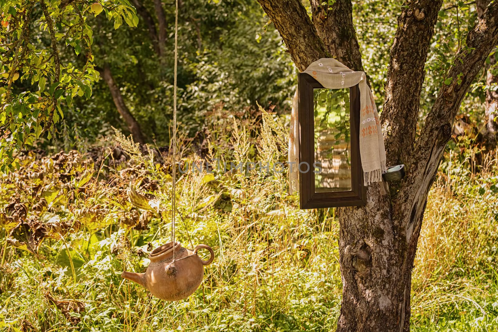 Washstand and mirror on a tree in the countryside