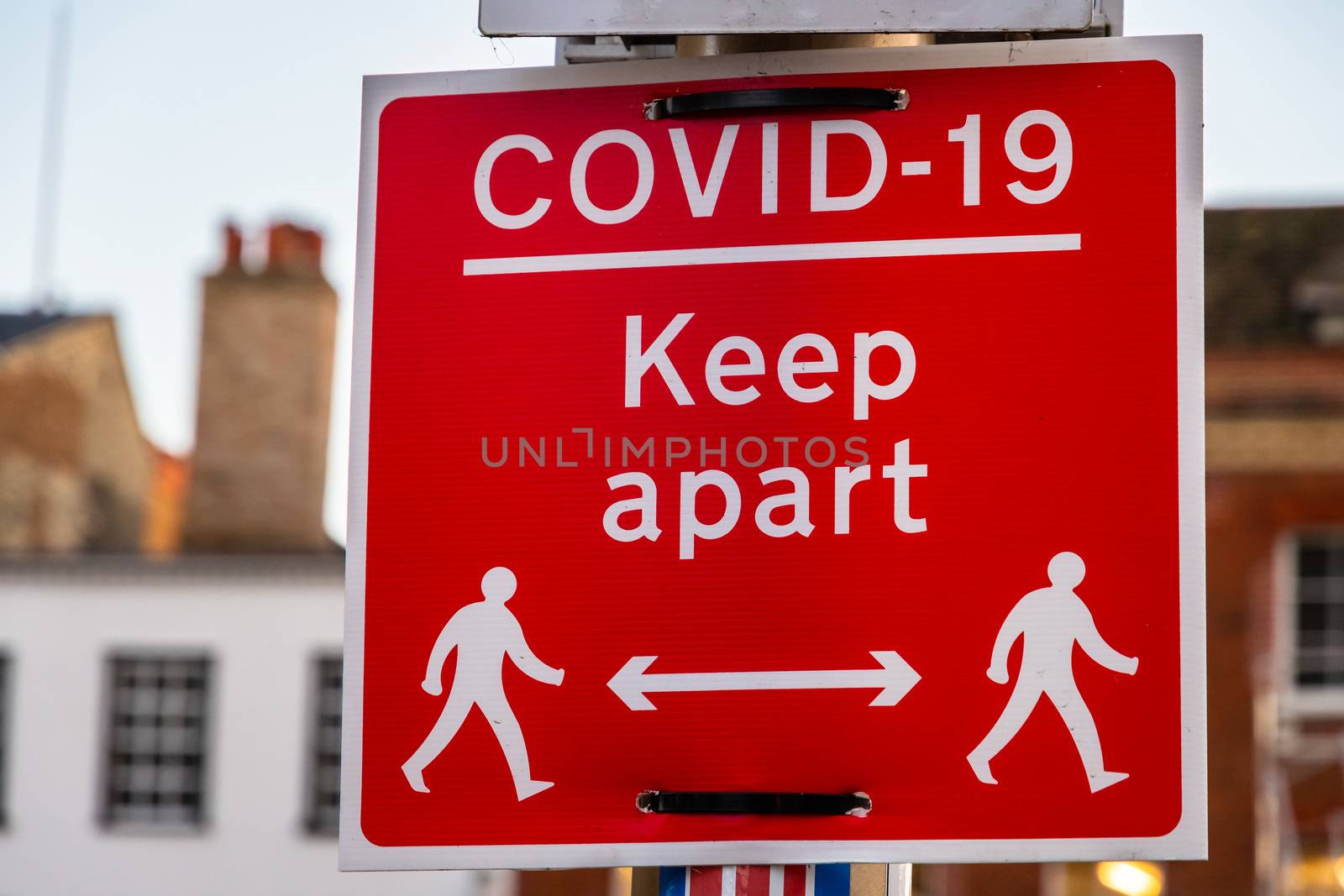 Covid-19 keep apart red sign to encourage social distancing during 2020 coronavirus pandemic, Cambridge, UK