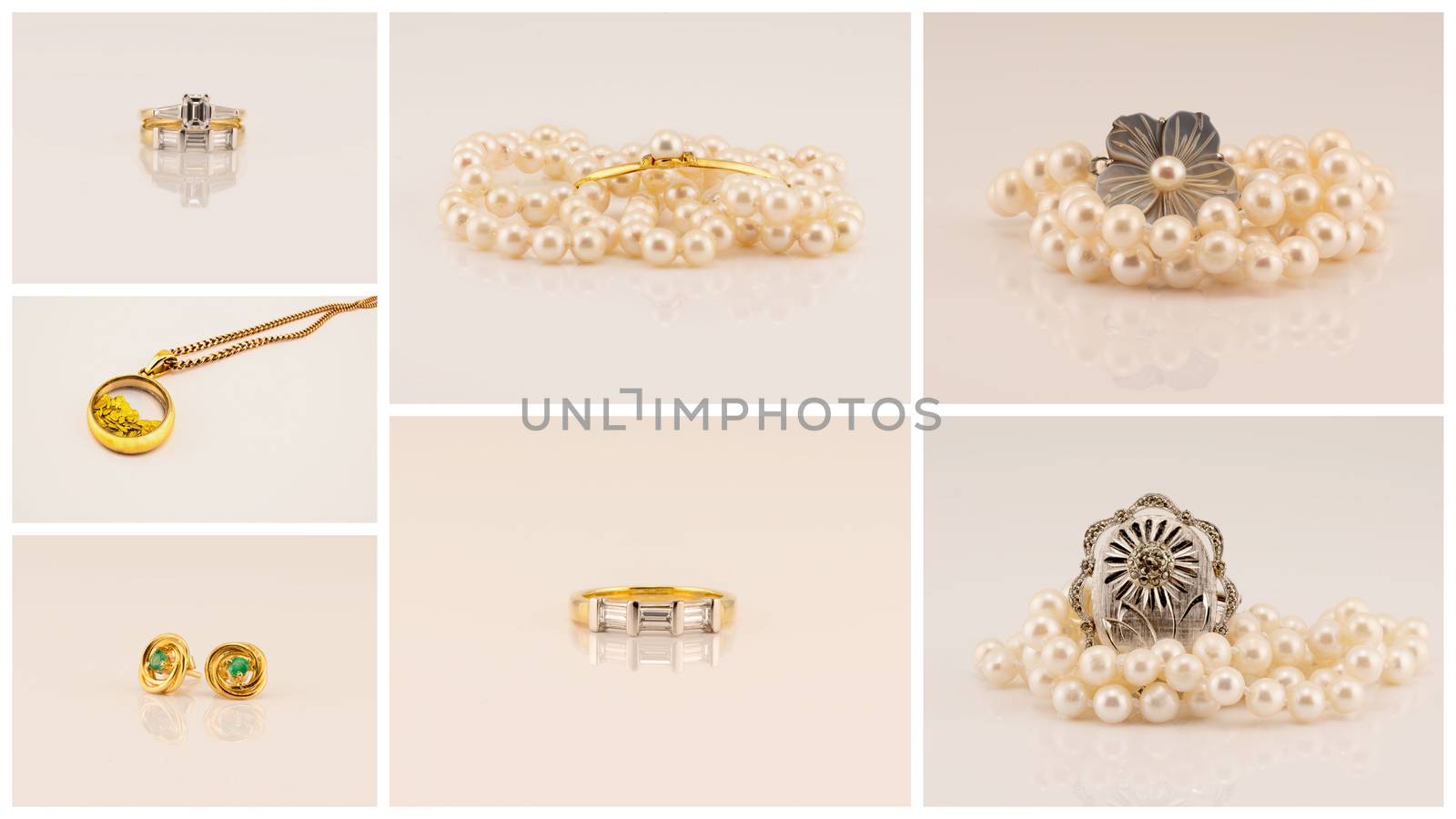 Collage of jewellery featuring diamond rings, gold pendant, emerald earrings, broaches and pearl necklaces