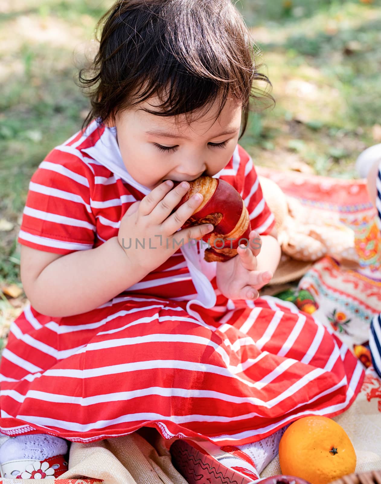 Cute little baby in a red dress and srtaw hat on a picnic in the park by Desperada