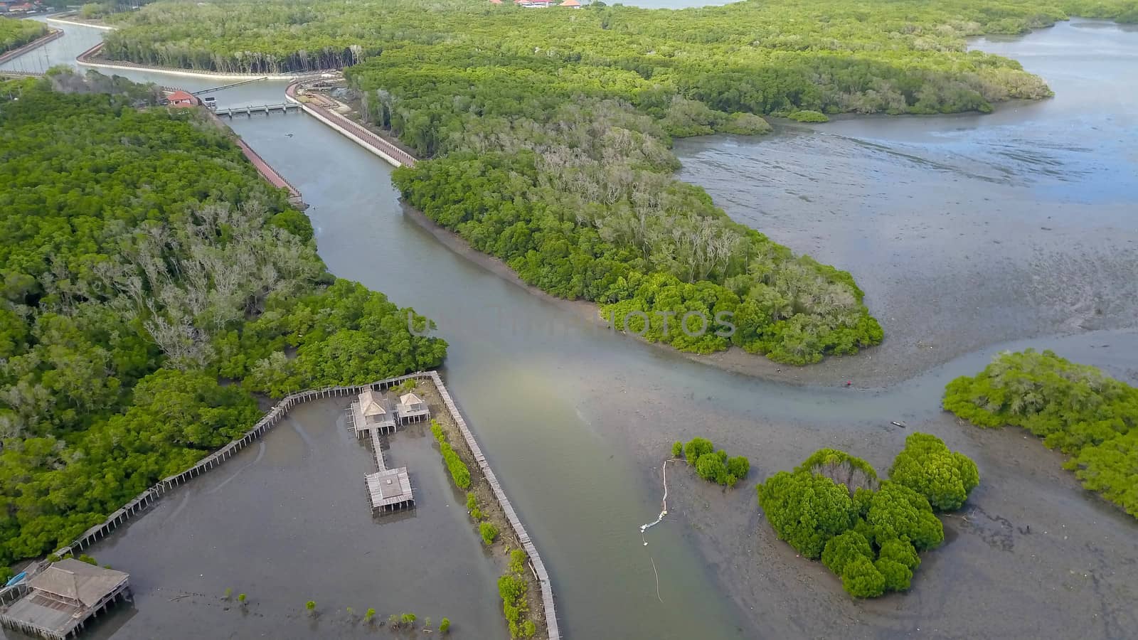 Aerial view drone video of mangroves on Bali island, Indonesia. Serangan island.