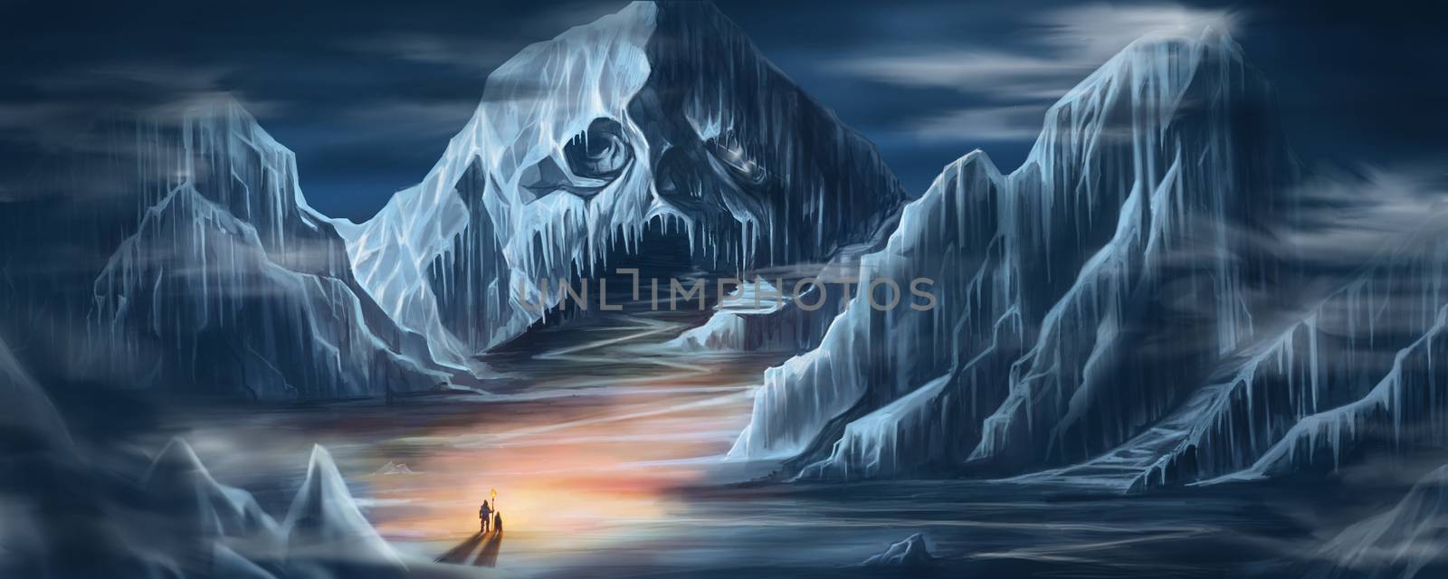 Digital illustration painting design two man holding fire torch standing in front of the Snow Skull  Mountain in the dark world