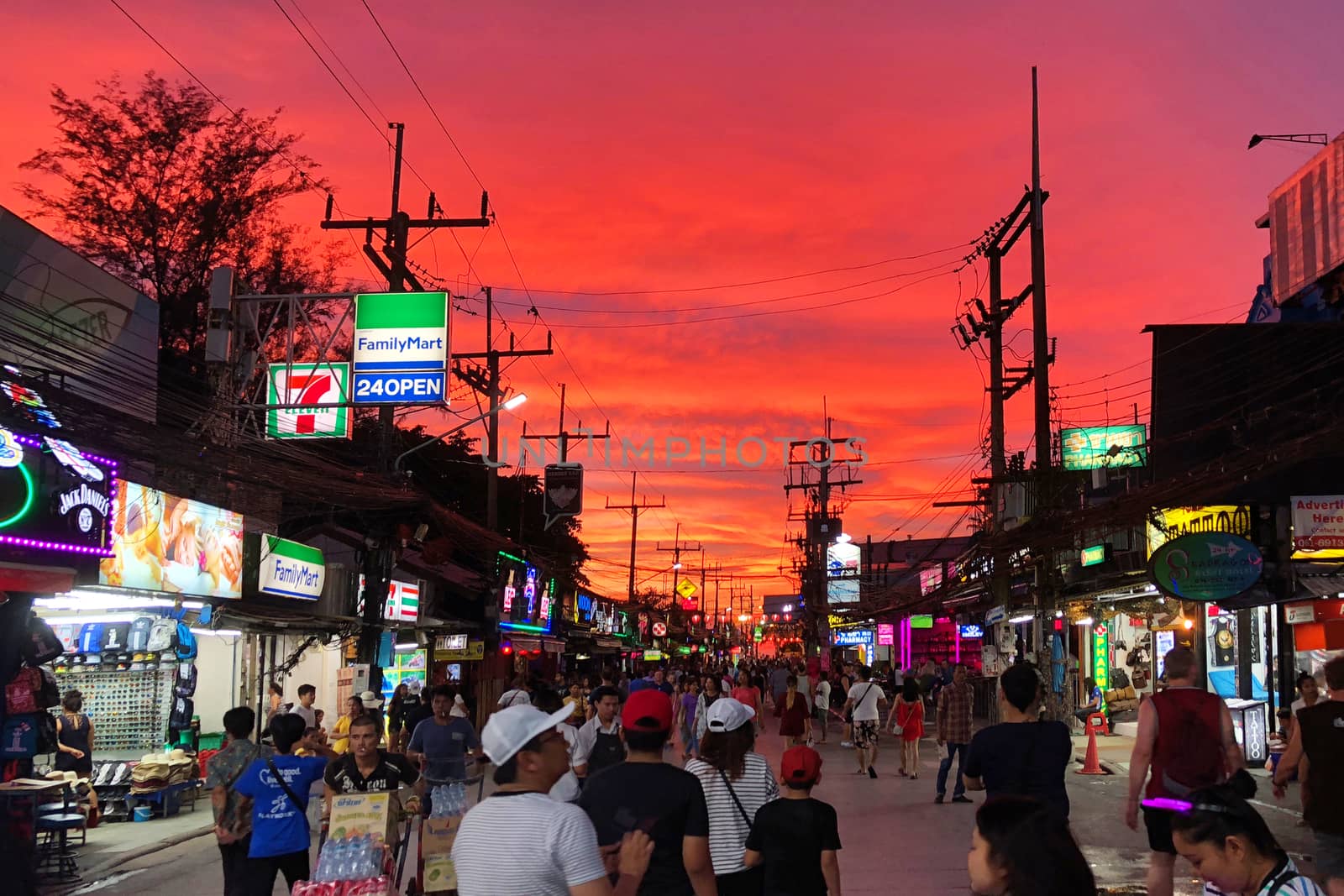 PHUKET, THAILAND JUNE, 2018: Tourists walking to see sunset view at street night market of Phuket, Thailand on June 16, 2018.