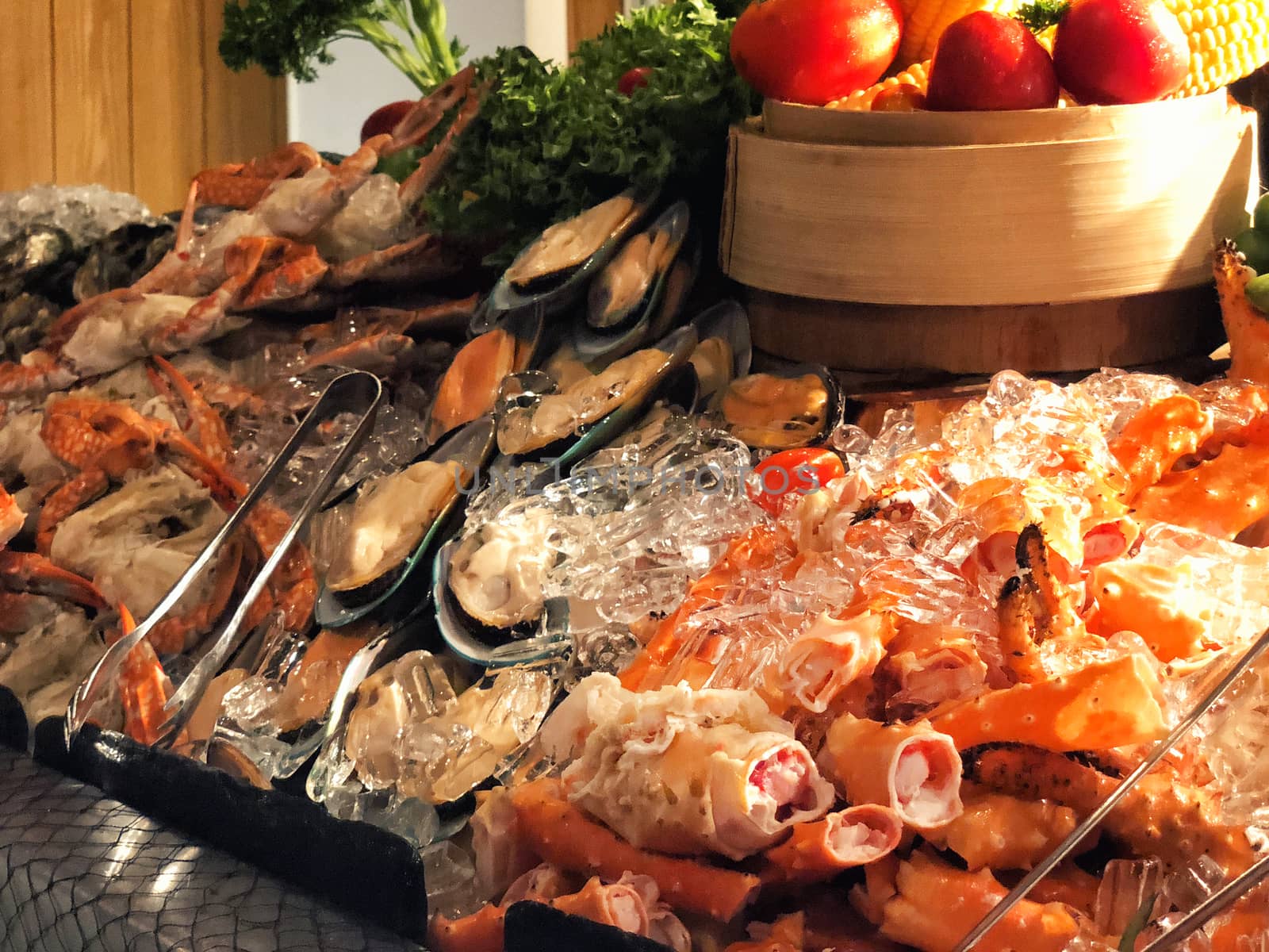 Seafood Buffet bar of lobster, prawns, squid, mussels. by Surasak