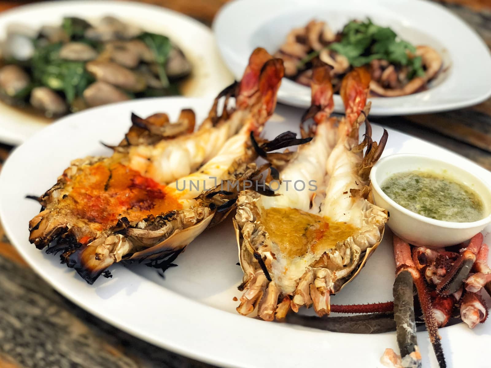 Grilled prawns,Grilled fresh big shrimp with spicy sauce (Thai Food)