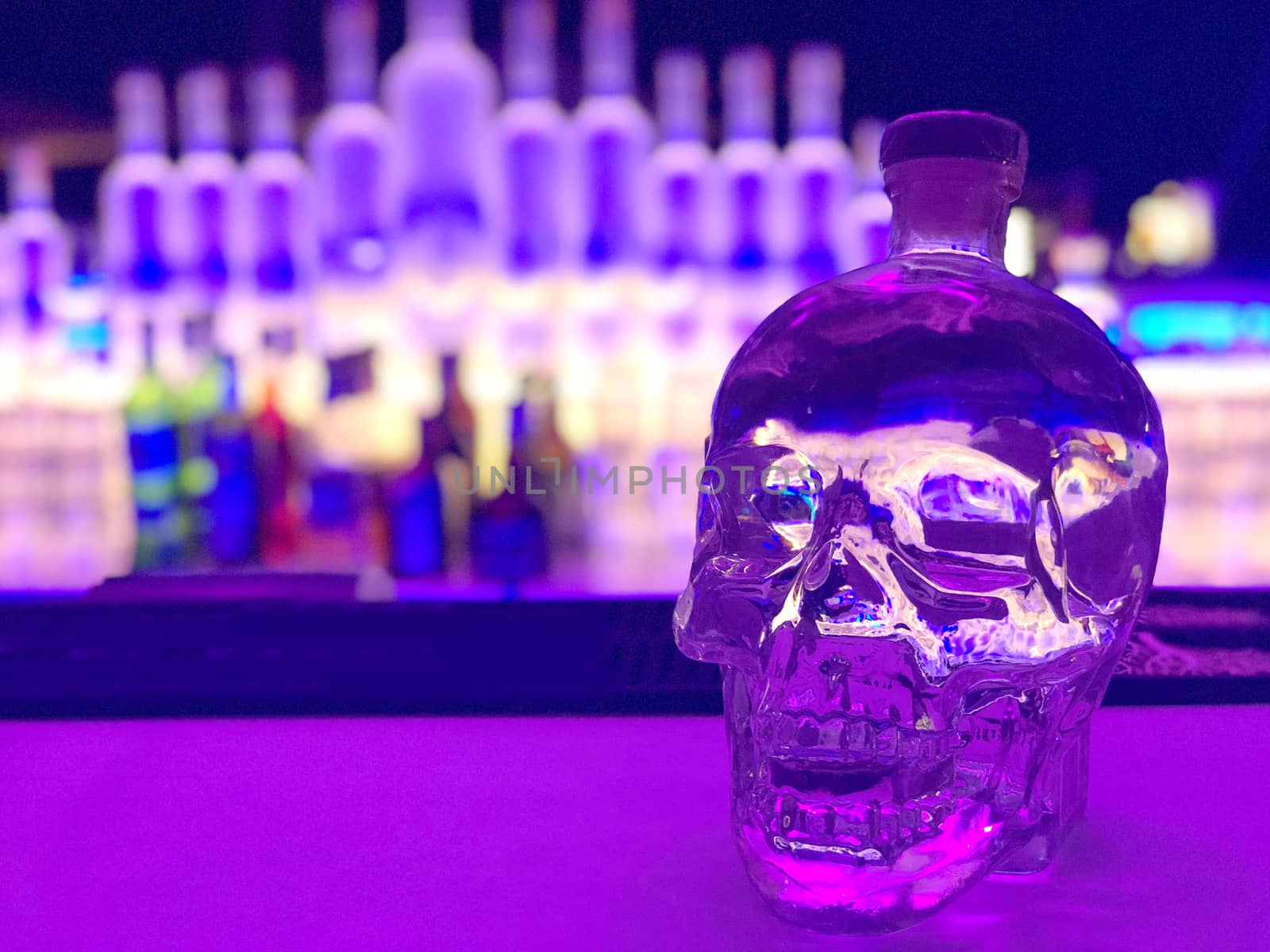Skull bottles of alcoholic beverages bar in a luxury hotel
