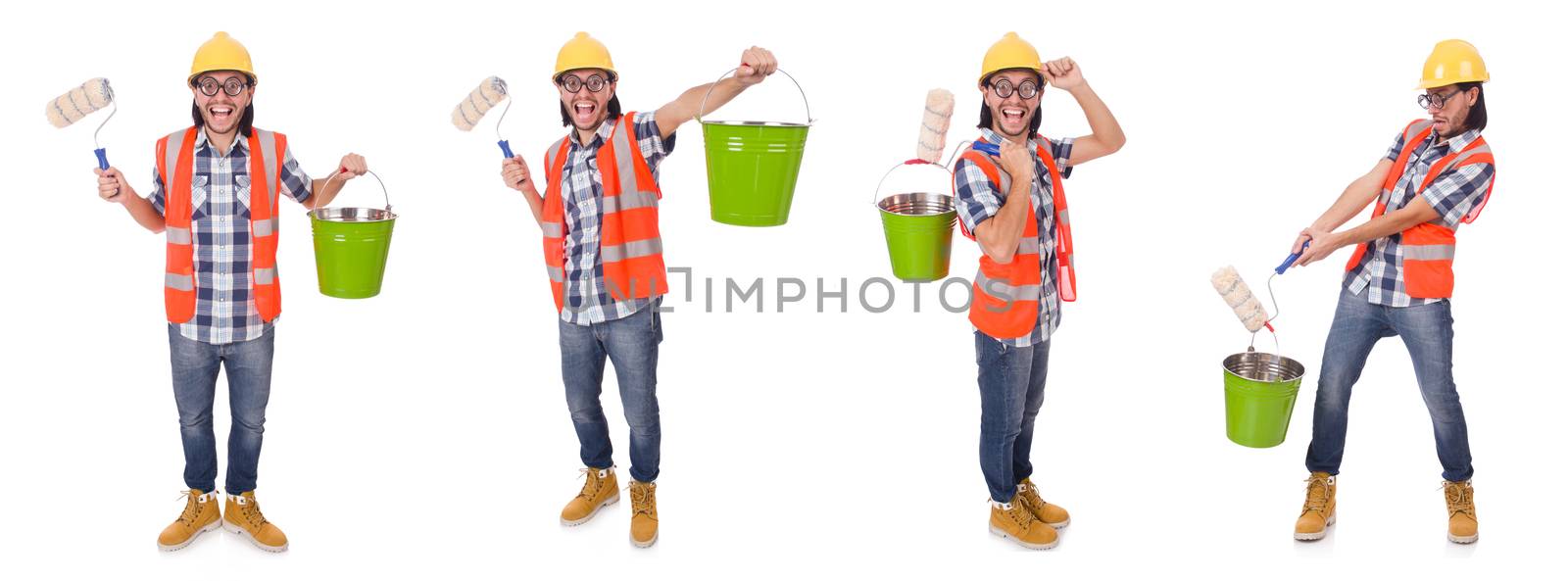 Funny painter with painting accessories isolated on white