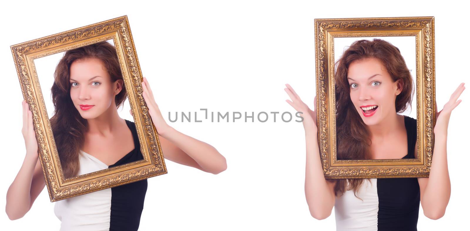 Woman with picture frame on white by Elnur