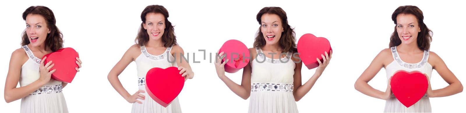 Pretty girl holding gift box isolated on white