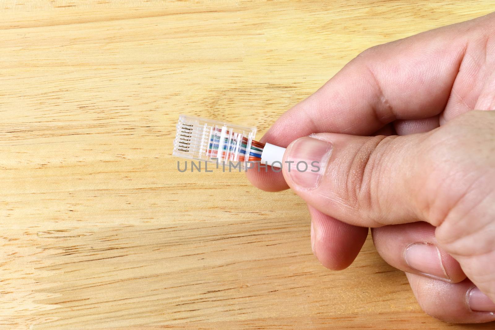 hand of man hold RJ45 with Cable for use Network internet cable, concept network cable connectivity copy space