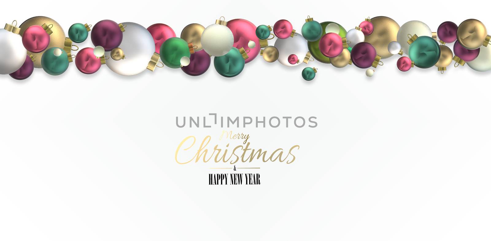 Horizontal Xmas background banner on white with Christmas symbol 3D realistic shiny red green gold balls on white background. Text Merry Christmas Happy New Year. Holiday festive design in 3D render
