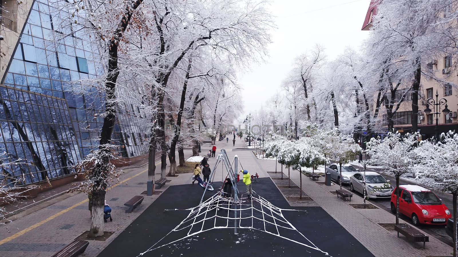 Trees covered with snow, urban environment. Street for walking, people go about their business, cars pass on the road, children ride on a swing. Snow-white trees, Christmas mood. Almaty, Kazakhstan.