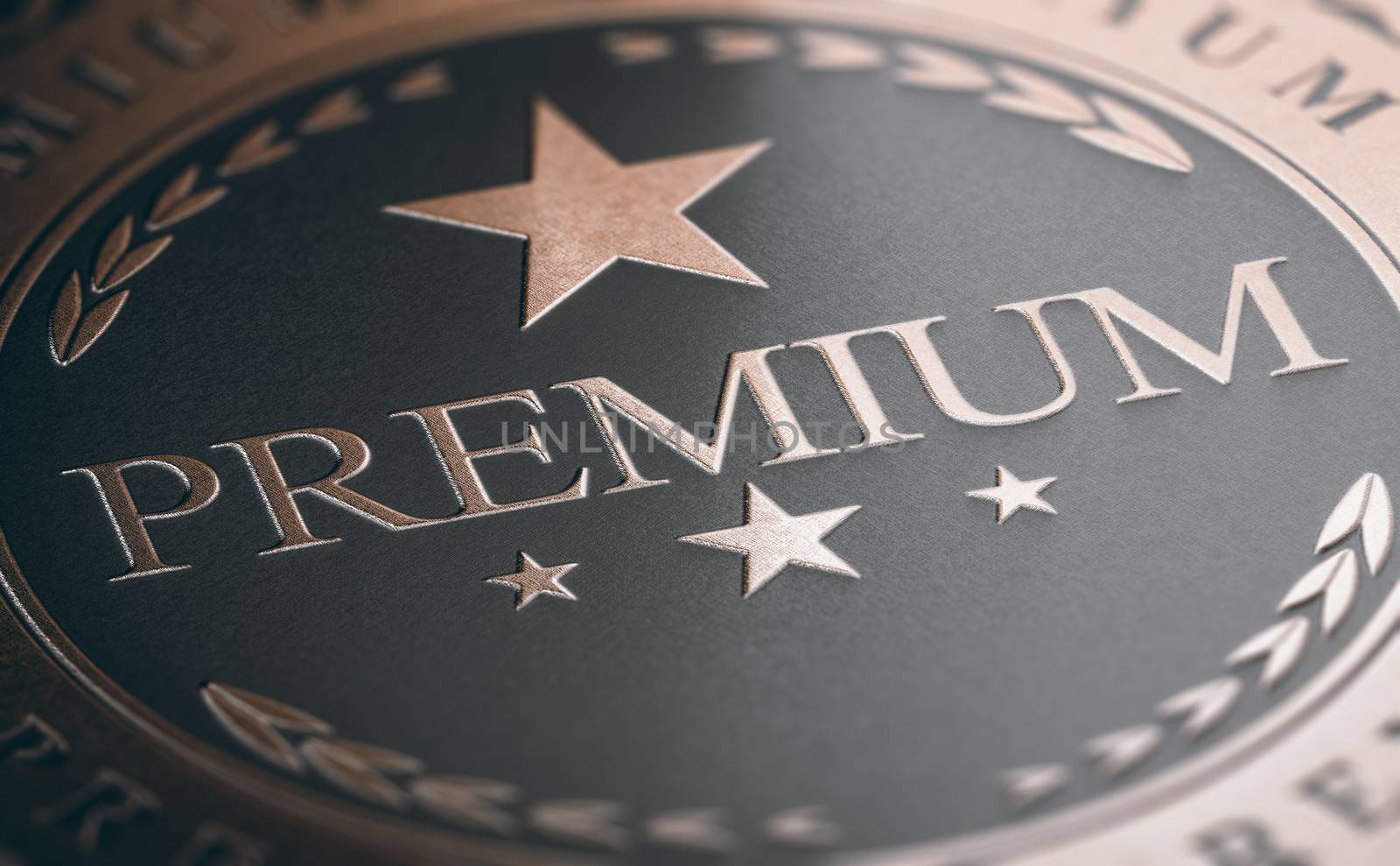 3D illustration of a golden label with the word premium and stars over black textured background.