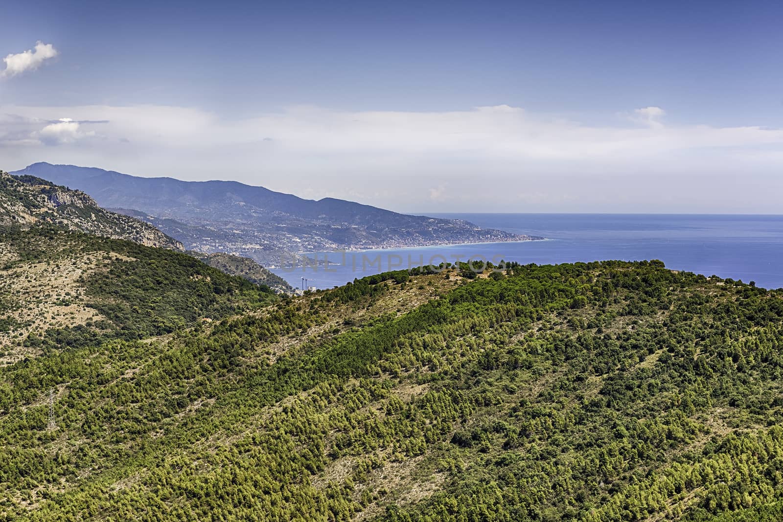Scenic view over the coastline of the French Riviera near the town of Eze, iconic village near the city of Nice, Cote d'Azur, France