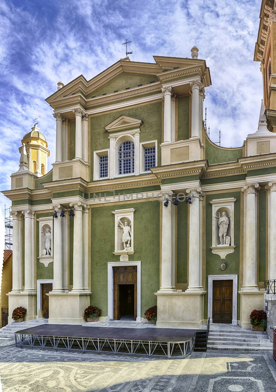 Facade of the Basilica of Saint-Michel-Archange in the old town of Menton, picturesque city in the Provence-Alpes-Cote d'Azur region on the French Riviera, close to the Italian border
