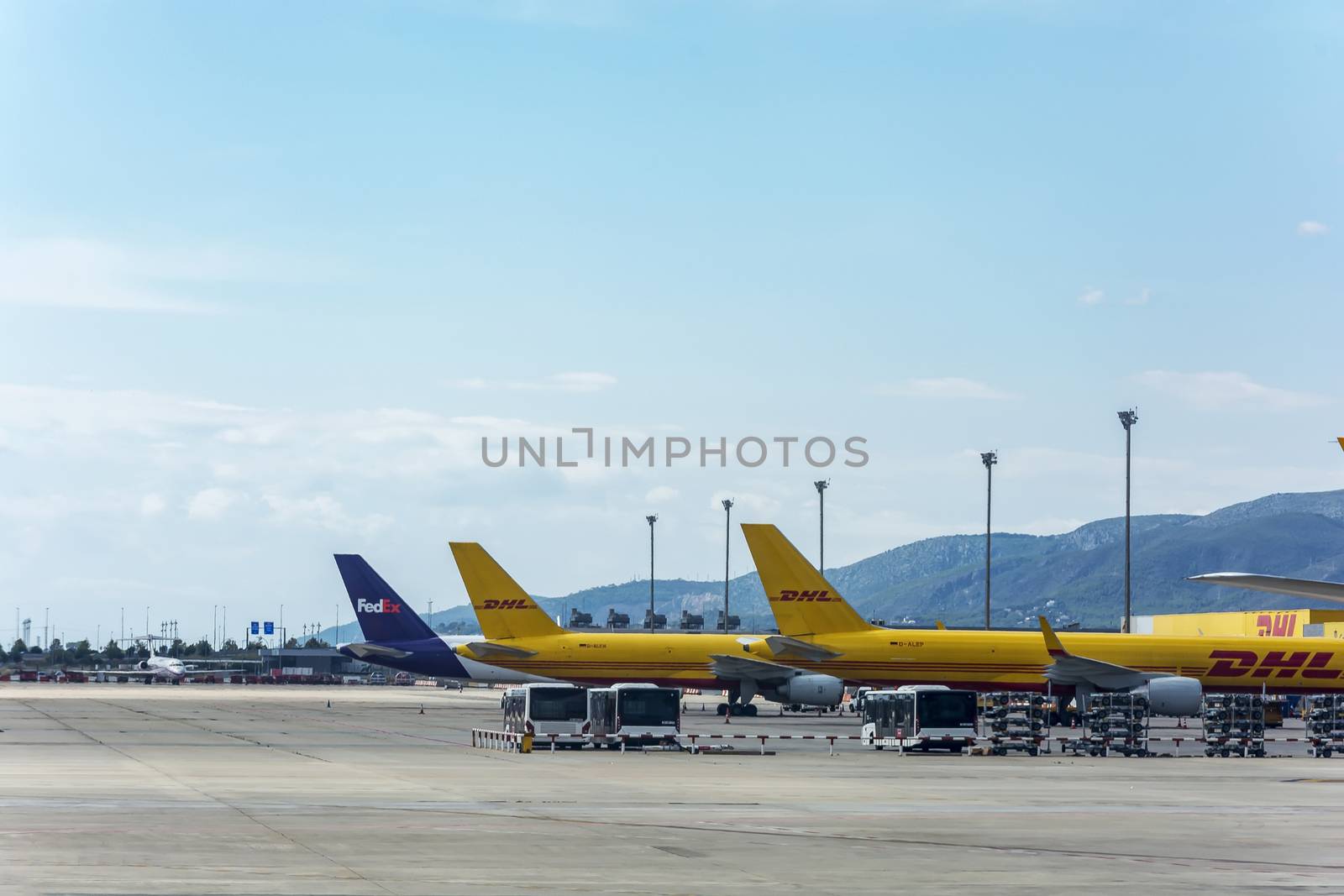 Spain, Barcelona - 26.09.2017: Aircraft of postal companies at the airport for parking and unloading