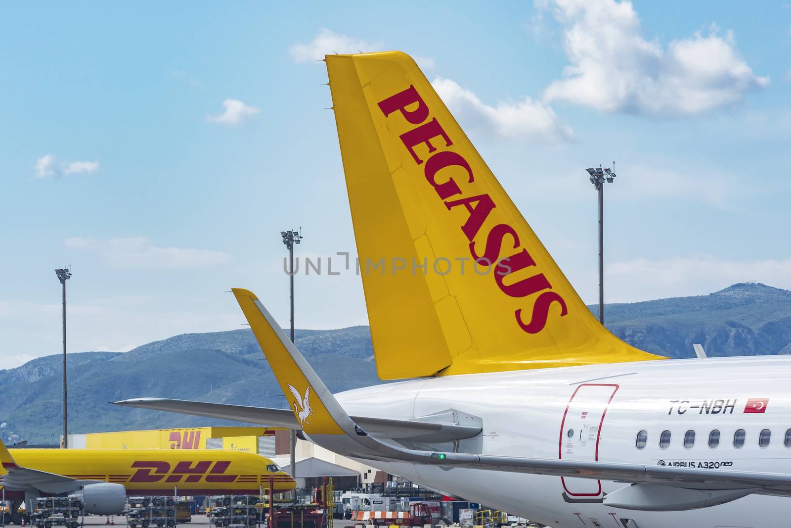 Spain, Barcelona - 26.09.2017: Parking of aircraft of international postal services at the airport