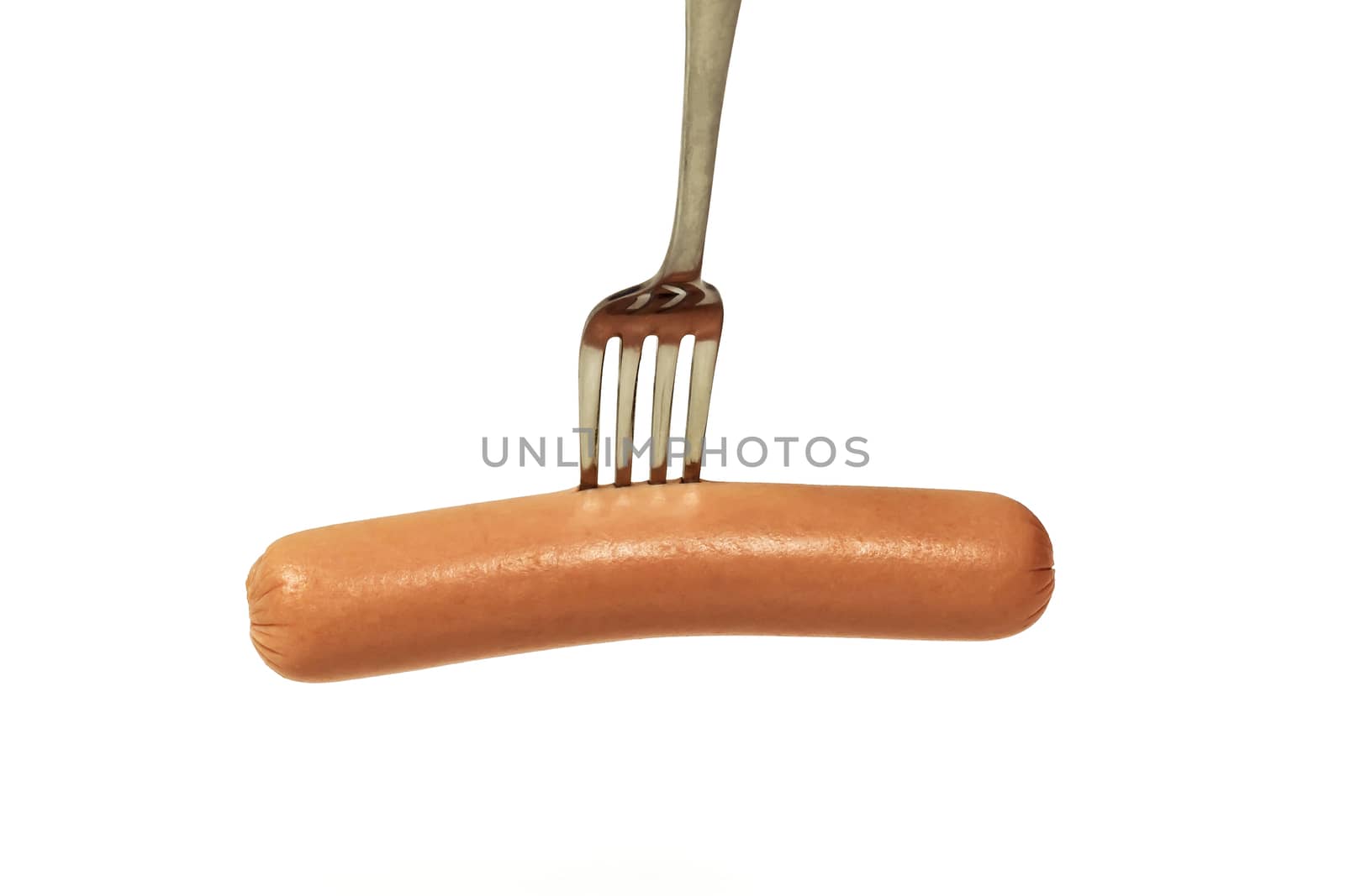 On a metal fork pinned sausage on a white background