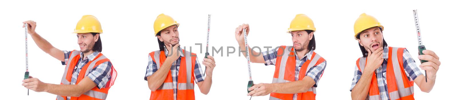 Construction worker with tape-line isolated on white by Elnur