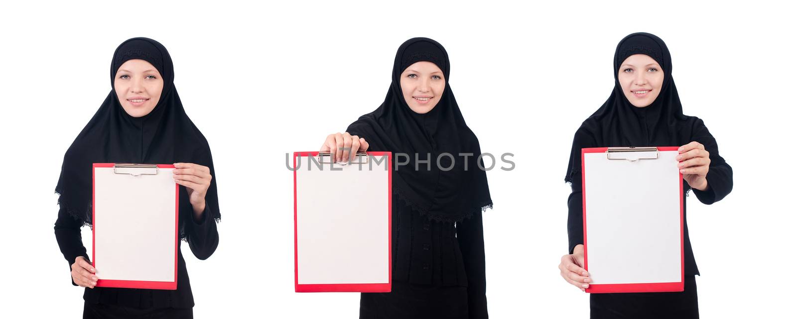 Woman with blank page on white by Elnur