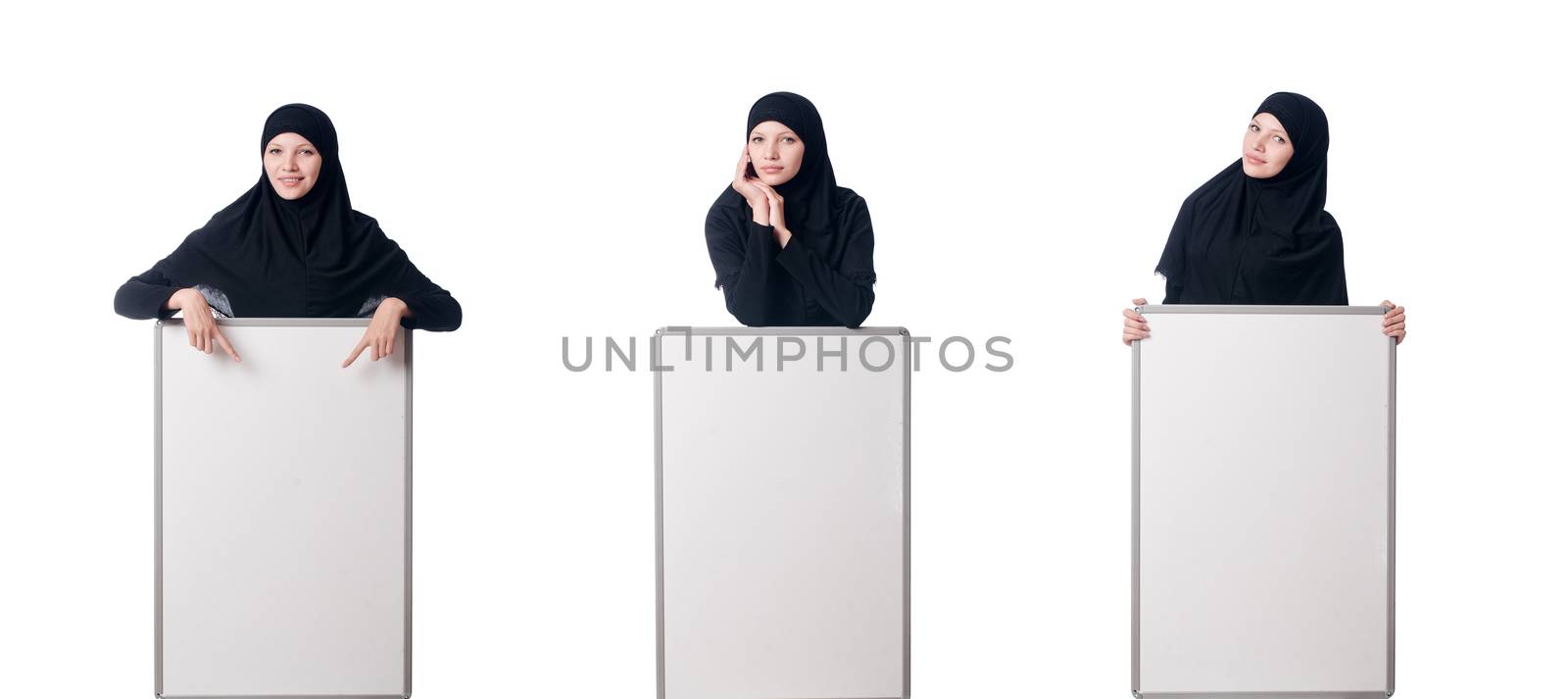 Muslim woman with blank board on white by Elnur