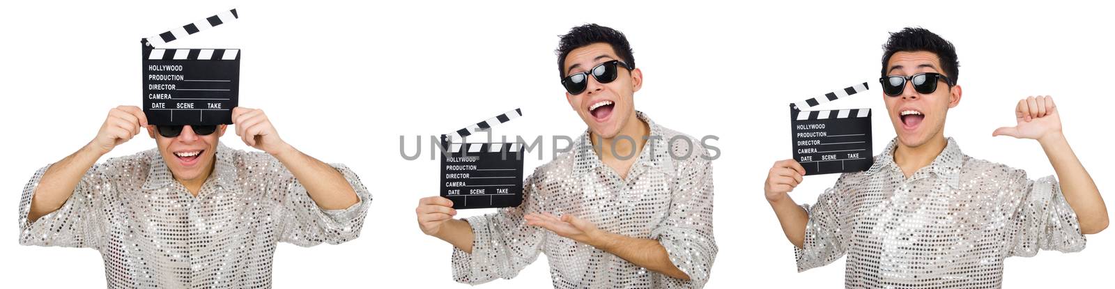 Man with movie clapperboard isolated on white by Elnur