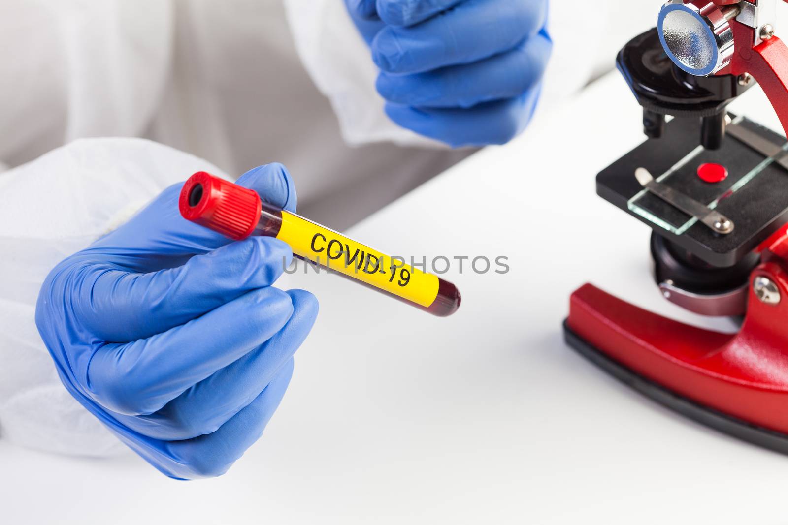 Lab scientist or medical technologist holding a yellow COVID-19 test tube blood sample vacutainer, Coronavirus infected patient specimen ready for microscope laboratory examination check