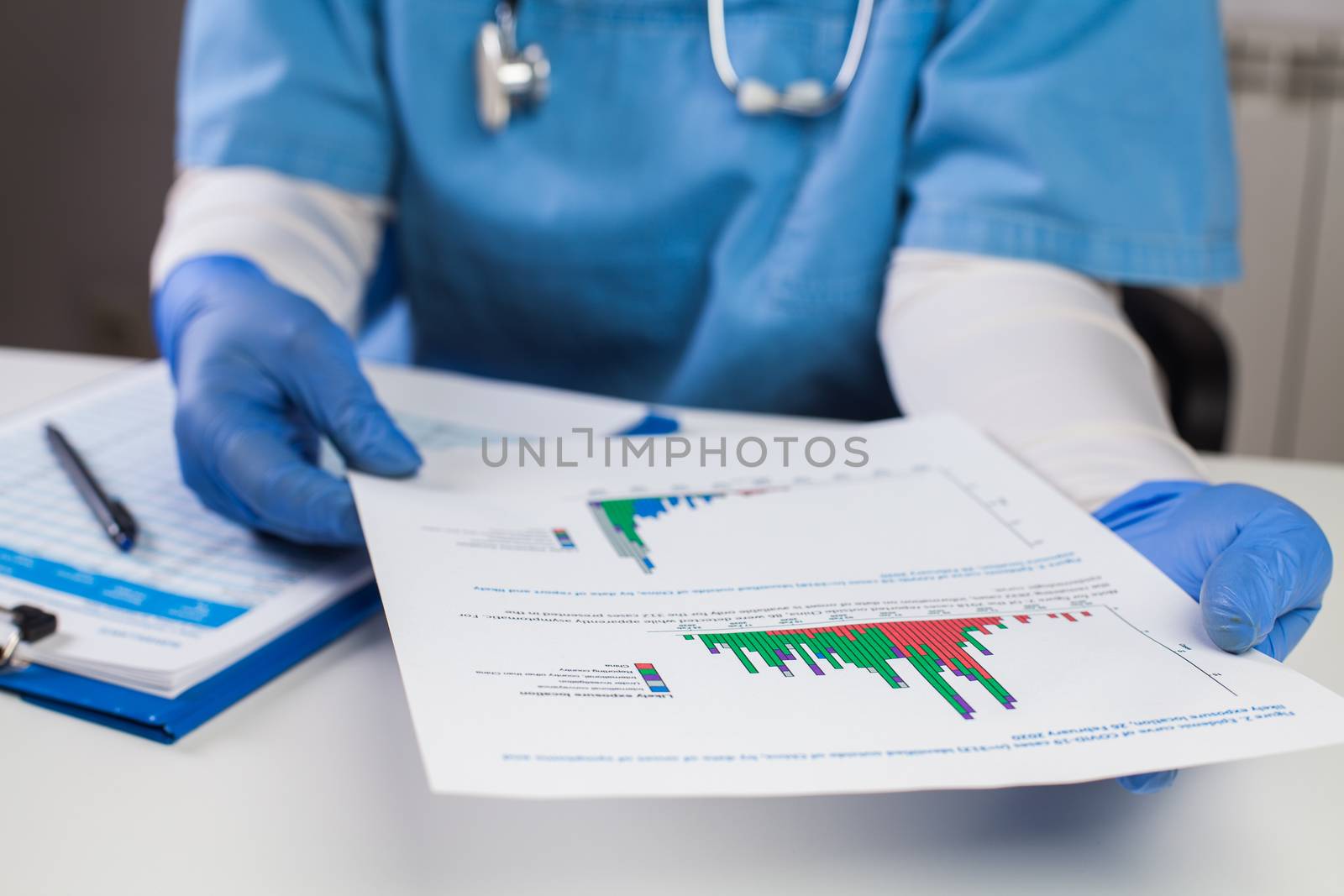 Doctor wearing protective gloves holding document chart,analyzing COVID-19 graph data,Coronavirus global pandemic outbreak crisis,stats showing number of infected patients,death toll,mortality rate