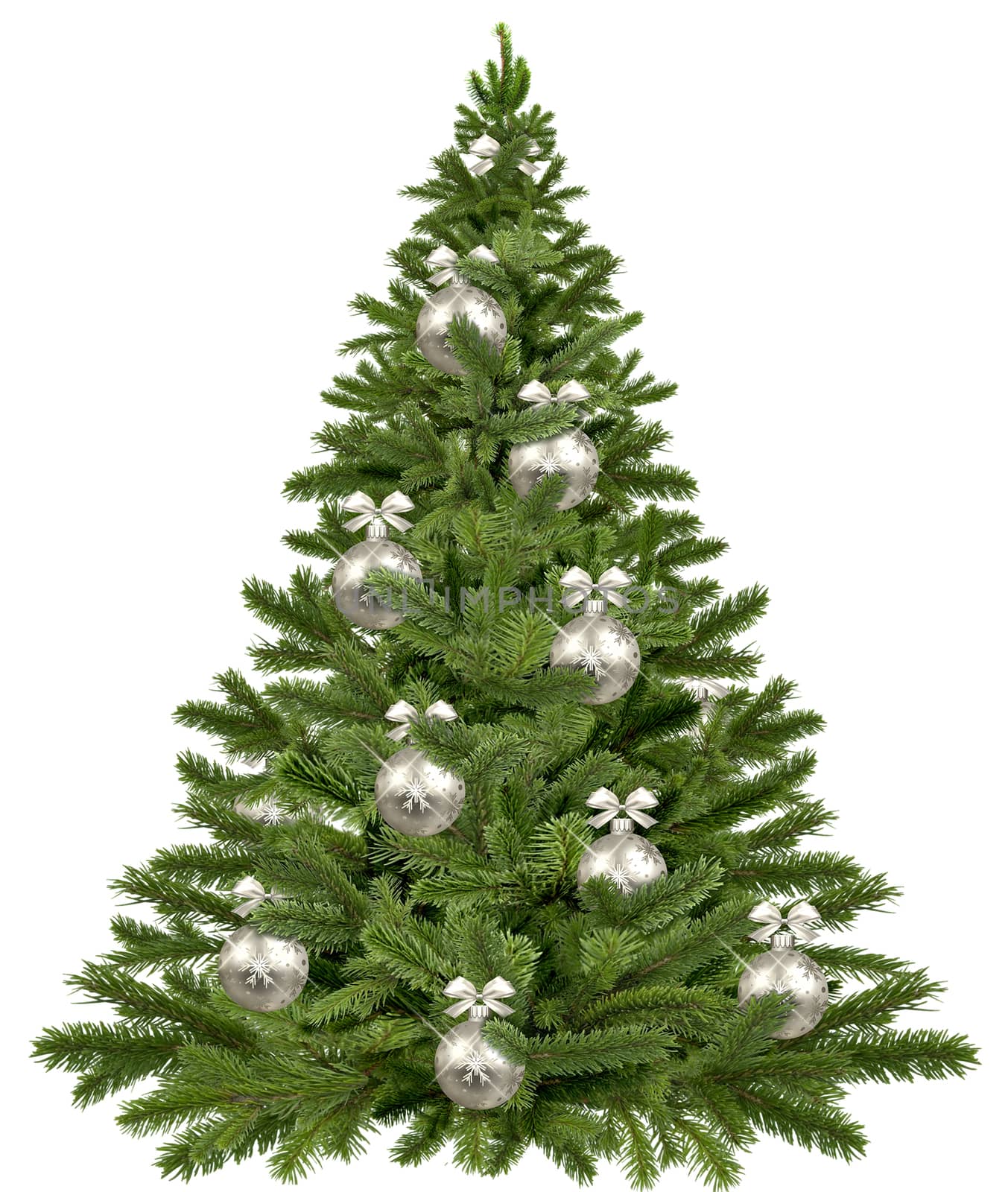 Beautiful Christmas tree with snow on branches on white background. 3D rendering.