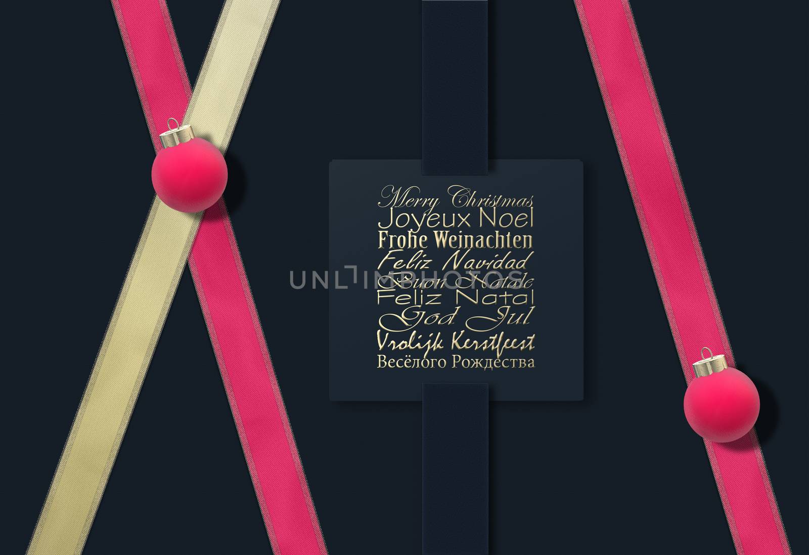 Elegant luxury Christmas wishes in European languages English, French, German, Portuguese, Italian, Spanish, Swedish, Dutch, Russian on blue black background. 3D realistic pink balls. 3D illustration