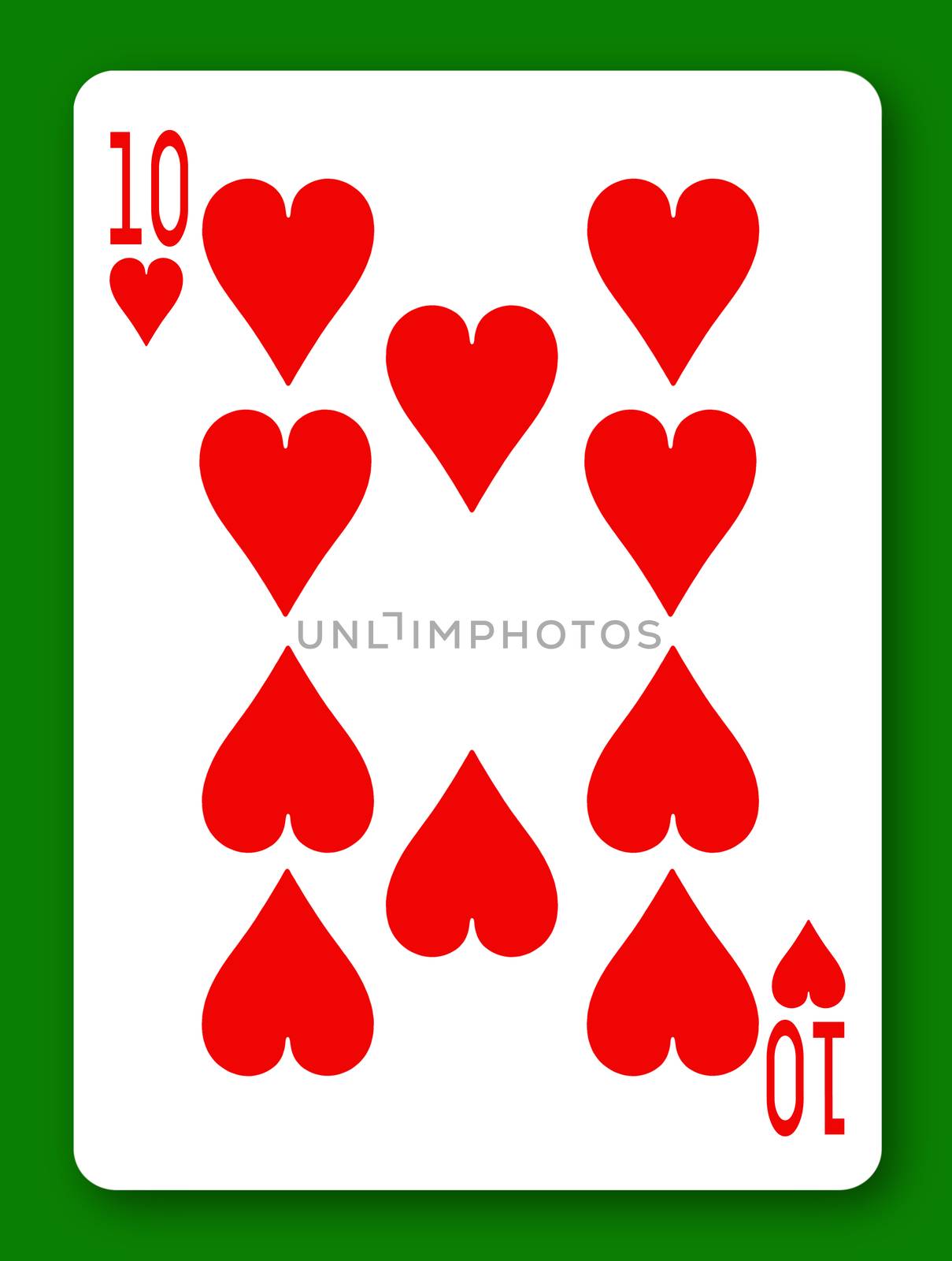 A 10 Ten of Hearts playing card with clipping path to remove background and shadow
