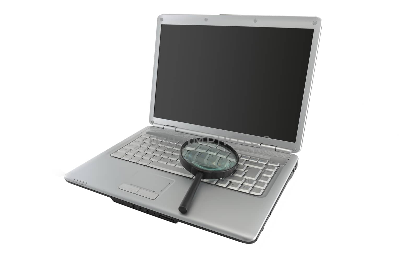 A data security concept magnifying glass on laptop PC with dark screen for copy space