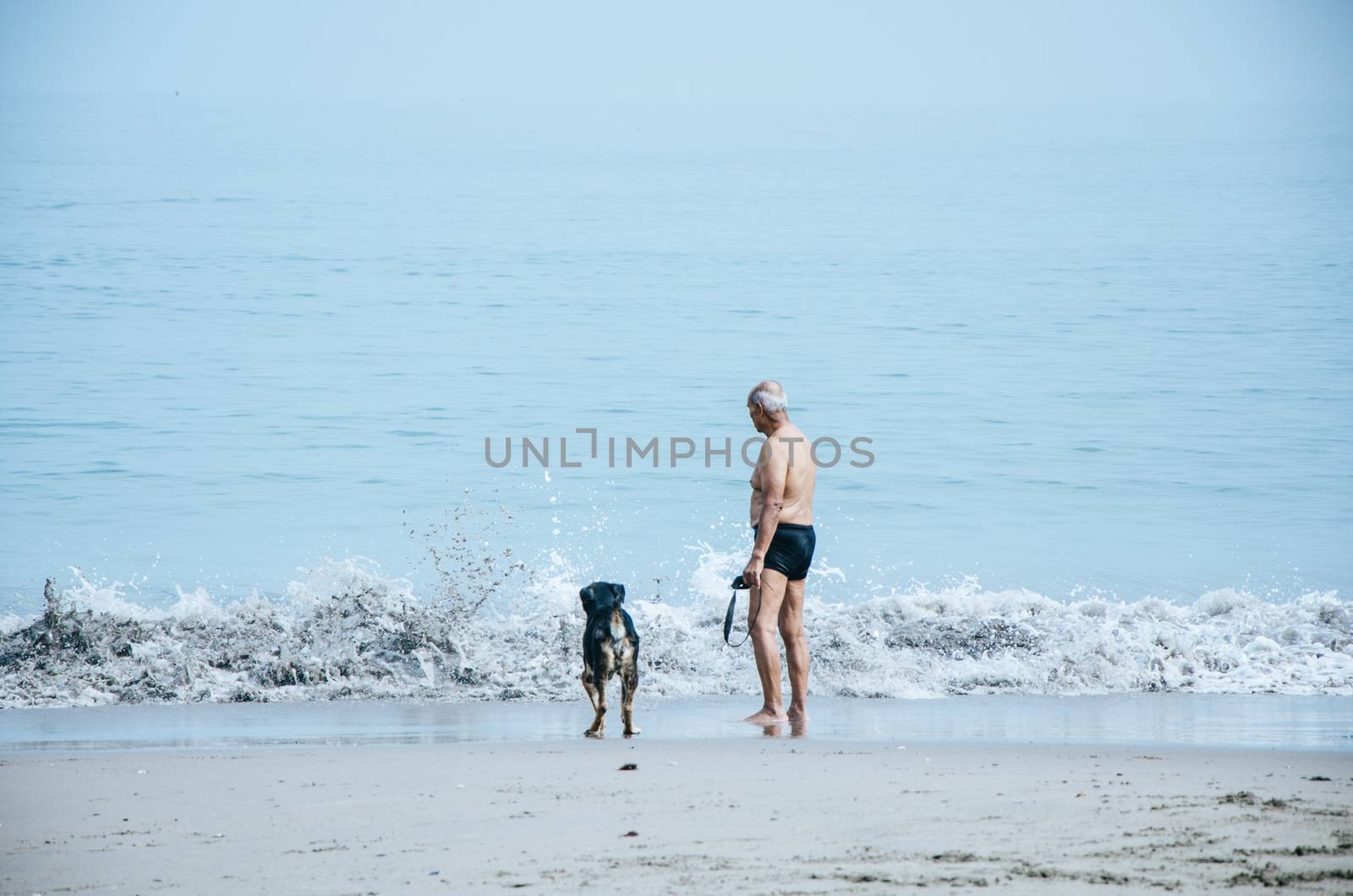 Elderly man with his dog on the beach enjoying summer