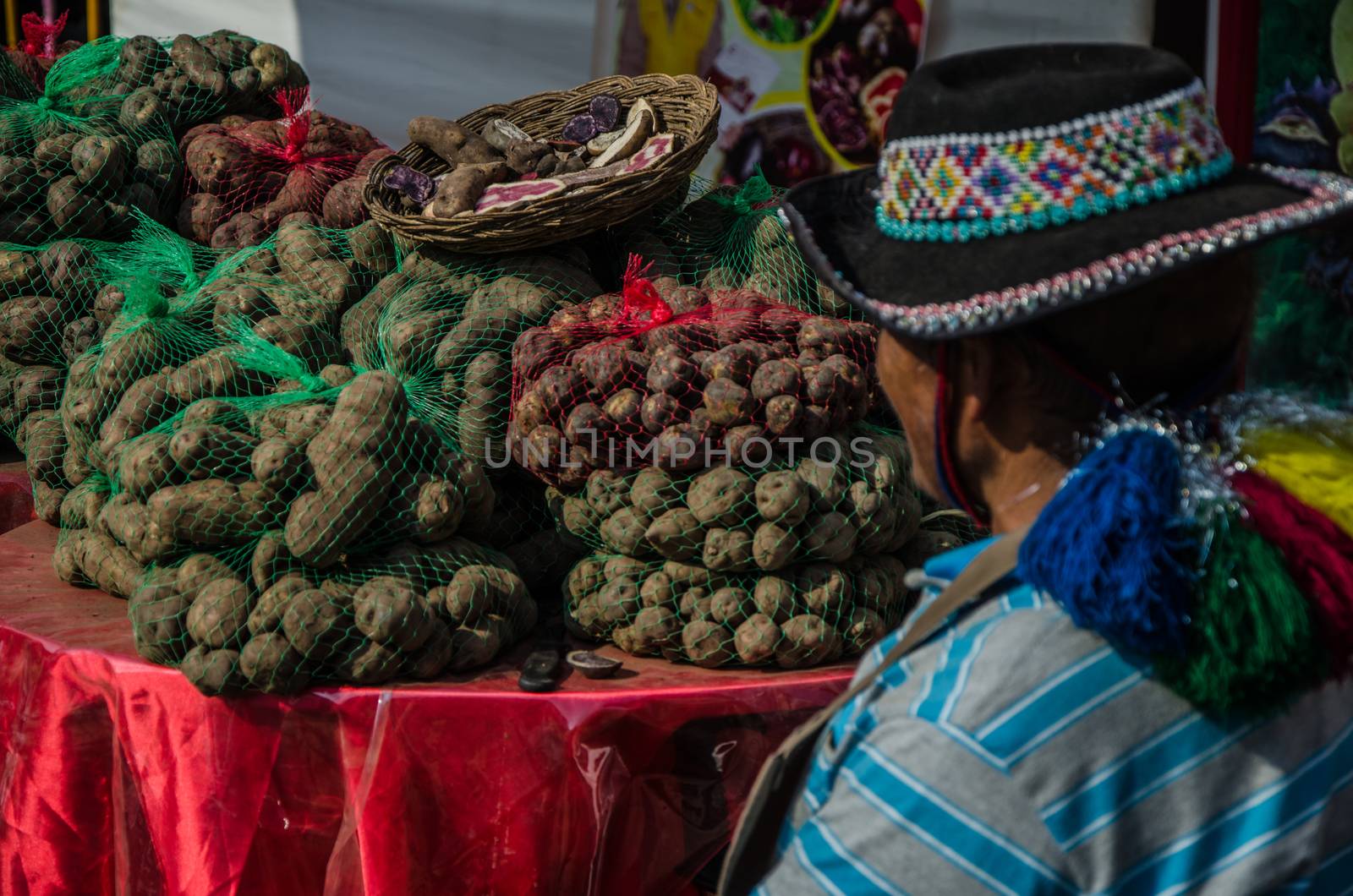Seller seeing his small potatoes called: Native potatoes, in Lima - Peru