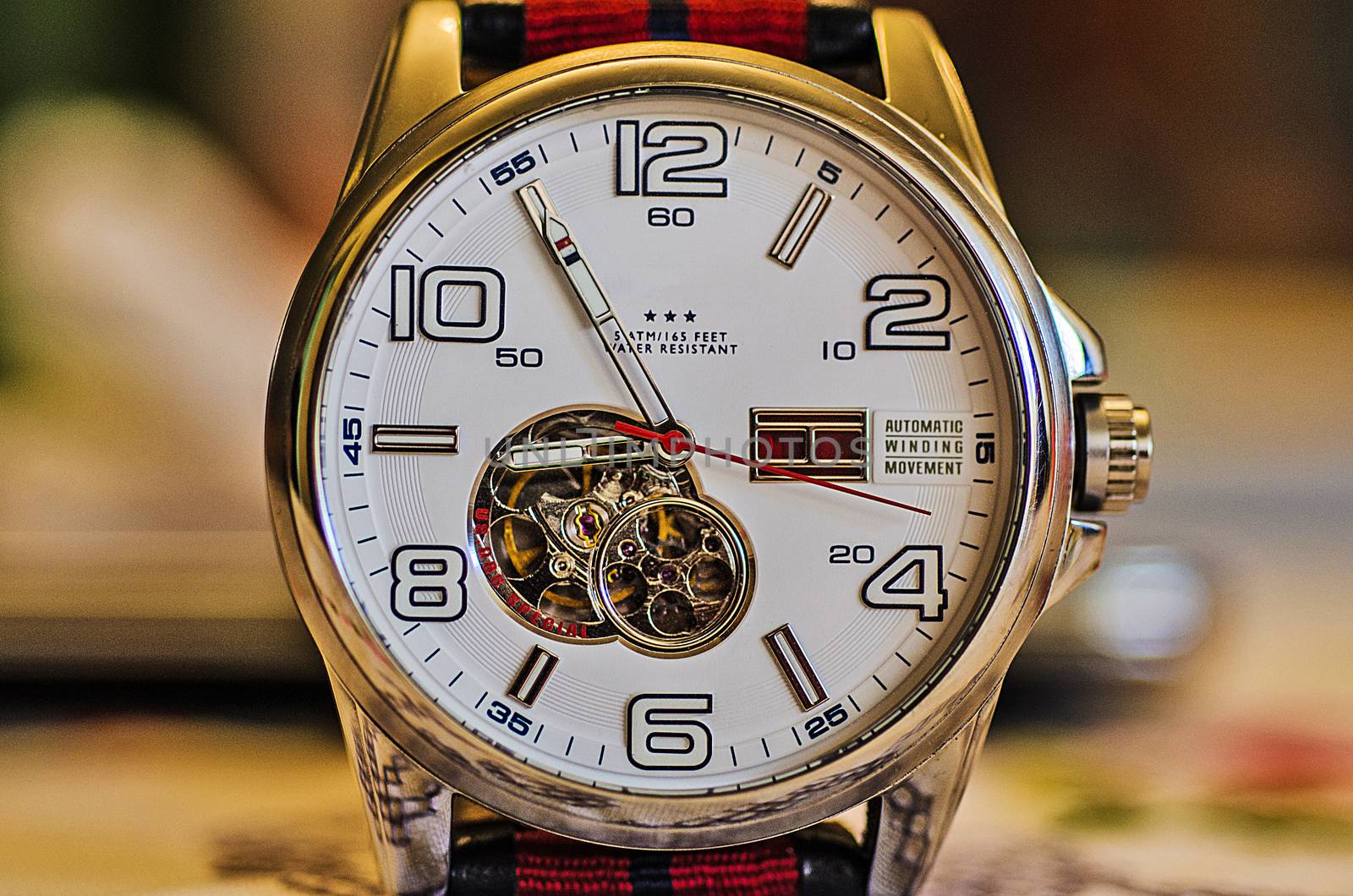 Close-up of a hand watch, details of a clock, macro photography