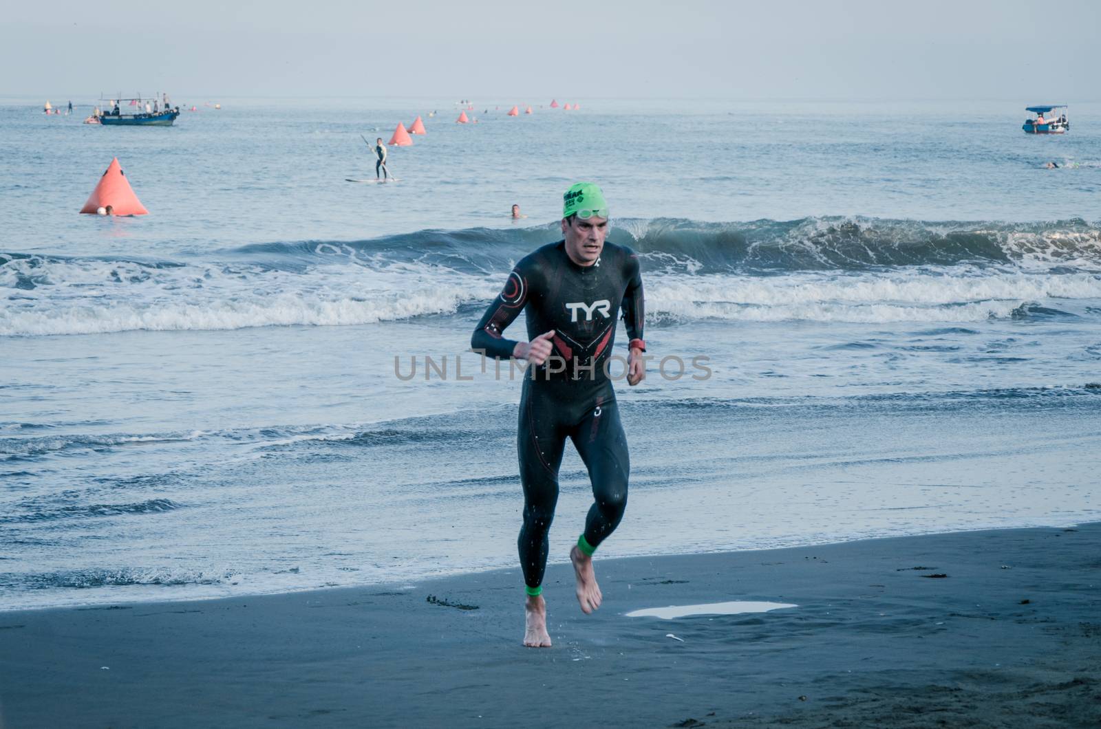 LIMA, PERU - APRIL 22th 2018: Ironman 70.3 . Starting for the swimming test of the athletes of the Ironman 70.3