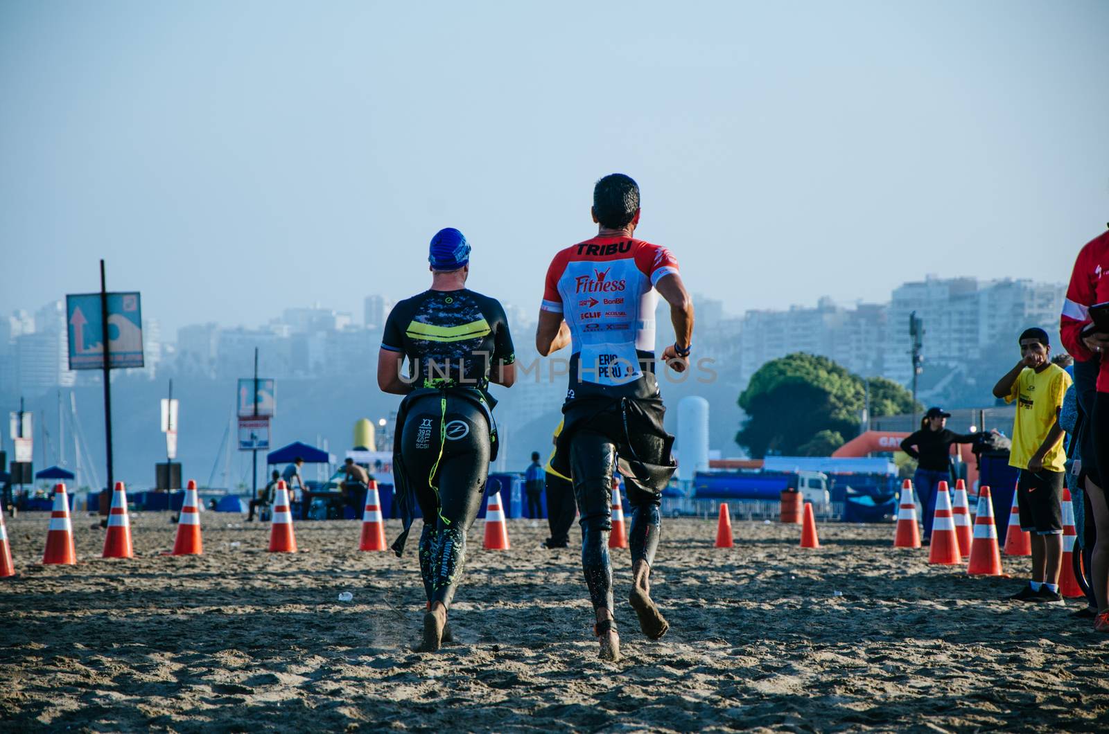 LIMA, PERU - APRIL 22th 2018: Ironman 70.3 . End of the first stage of the swim competition to move on to cycling